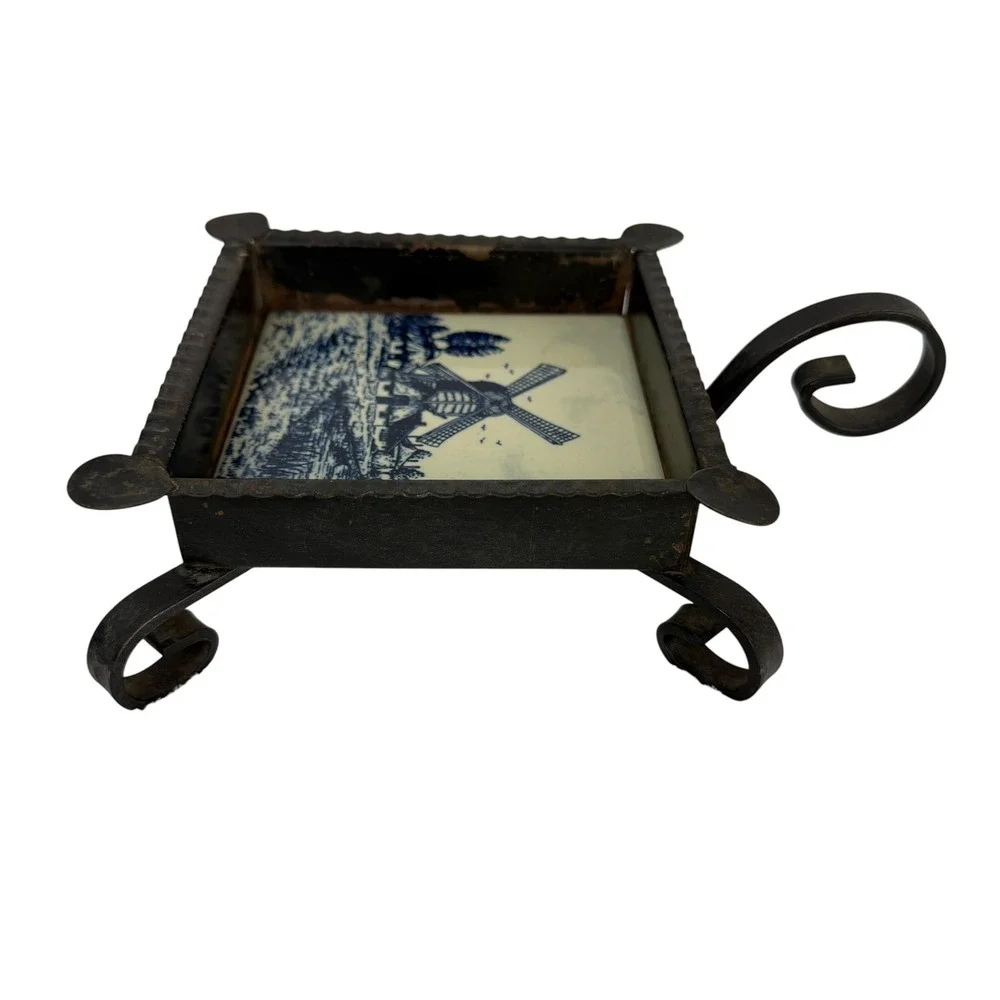 Vintage Delft Blue Hand Painted Windmill Tile Wrought Iron Footed Ashtray‎